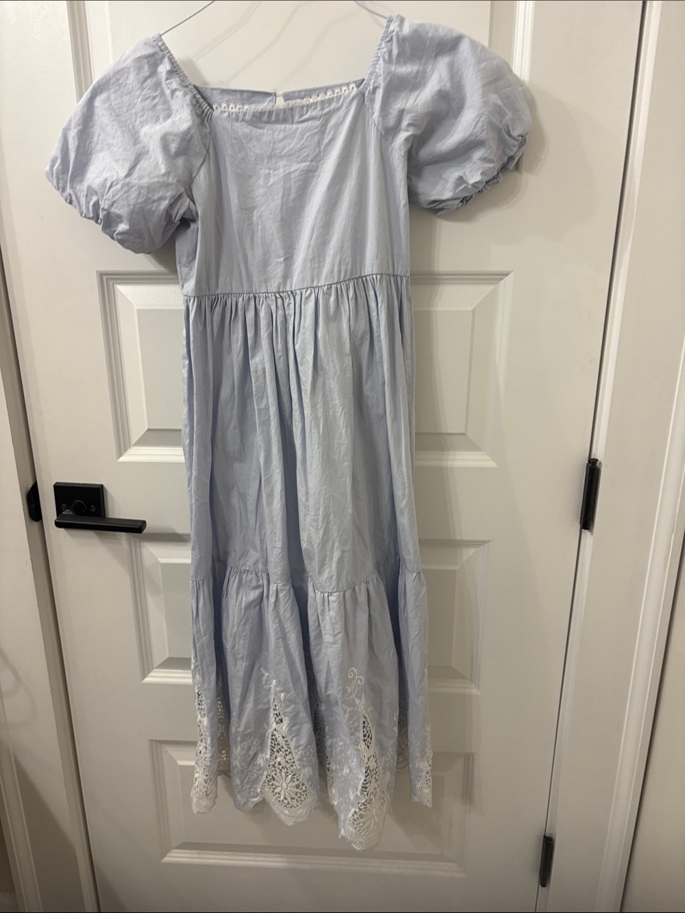 Rare Editions Light Blue Puff-Sleeve Maxi Dress with Lace Hem